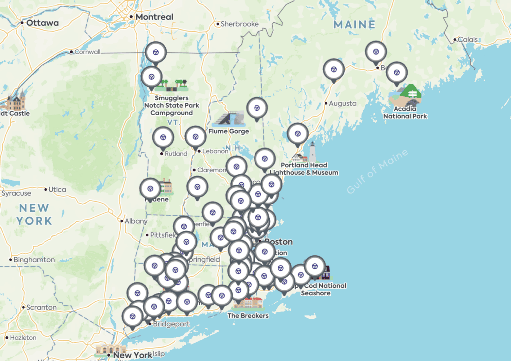 Map showing all New England Midas locations