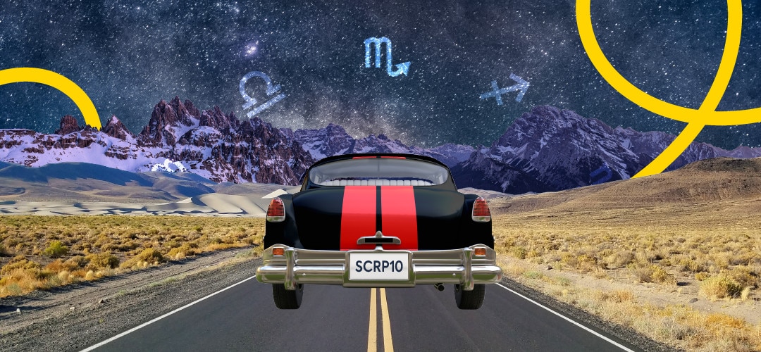 a collage image of a vintage car on a road headed toward mountains with astrological symbols in the starry sky above