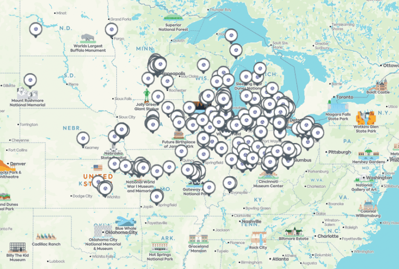 Map showing all Midwest Midas locations