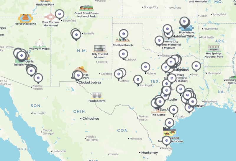 Map showing all Midas locations in the Southwest