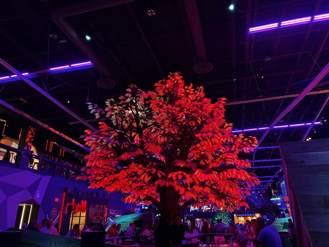 Bright tree lit with red lighting in a dark, neon room