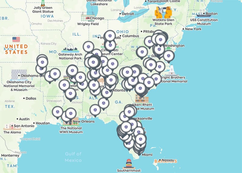 Map showing all Midas locations in the South