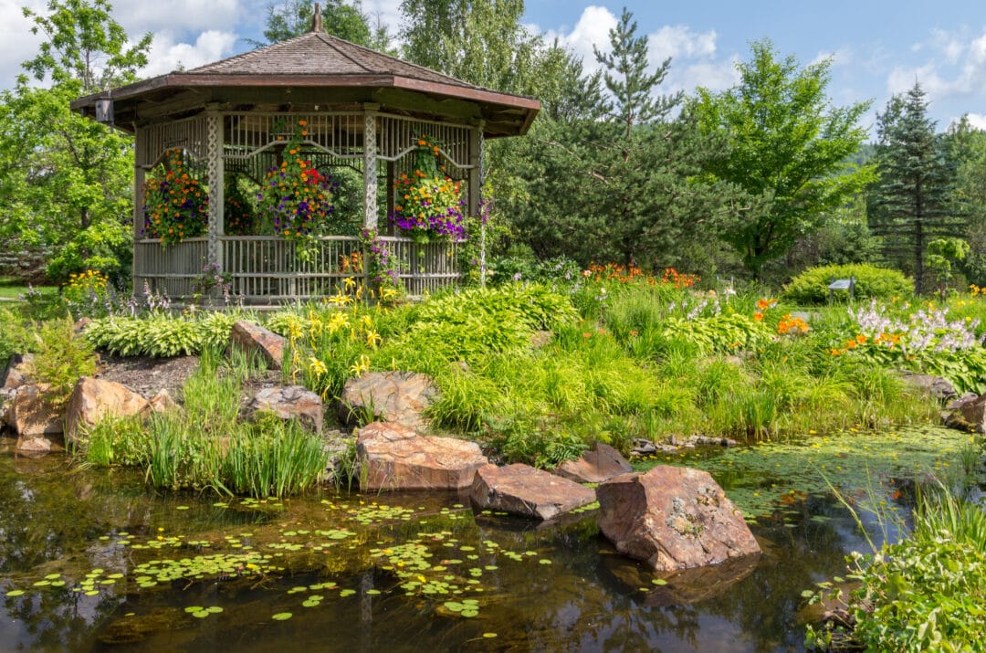 A gazebo covered in flowers stands on a lush lawn next to a pond