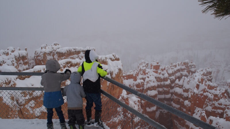 Children stand at guardrails overlooking snowy cliffs