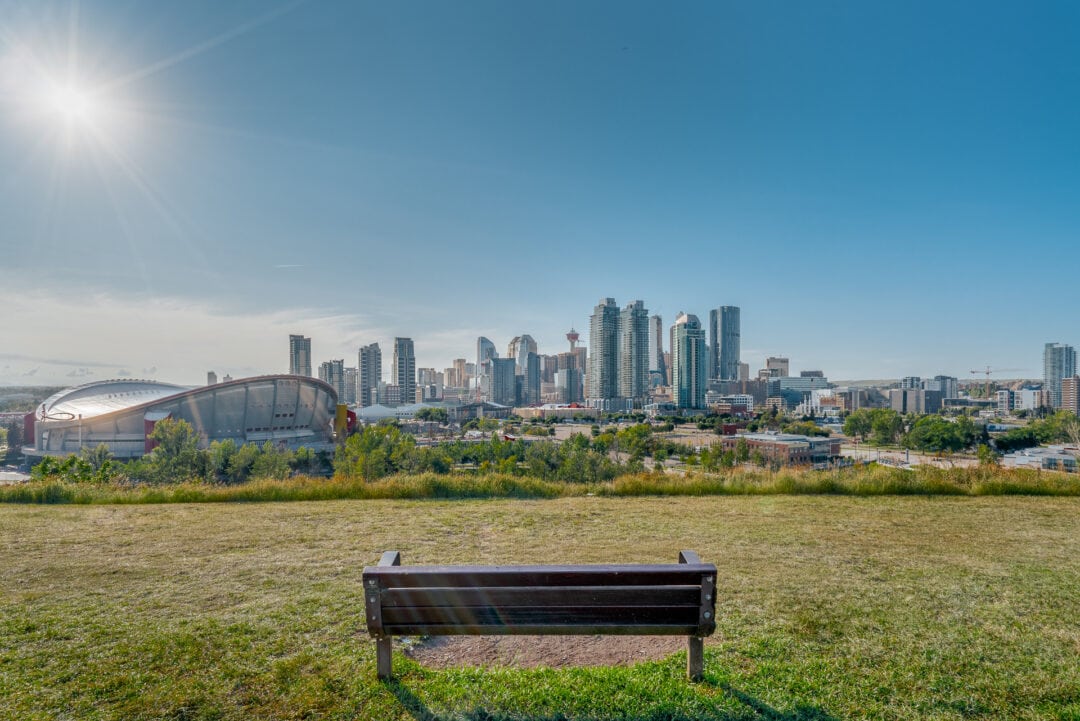 Bench overlooking skyline view of Calgary, Canada