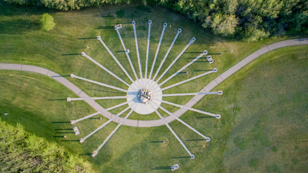 Aerial view of a giant sundial with path around it