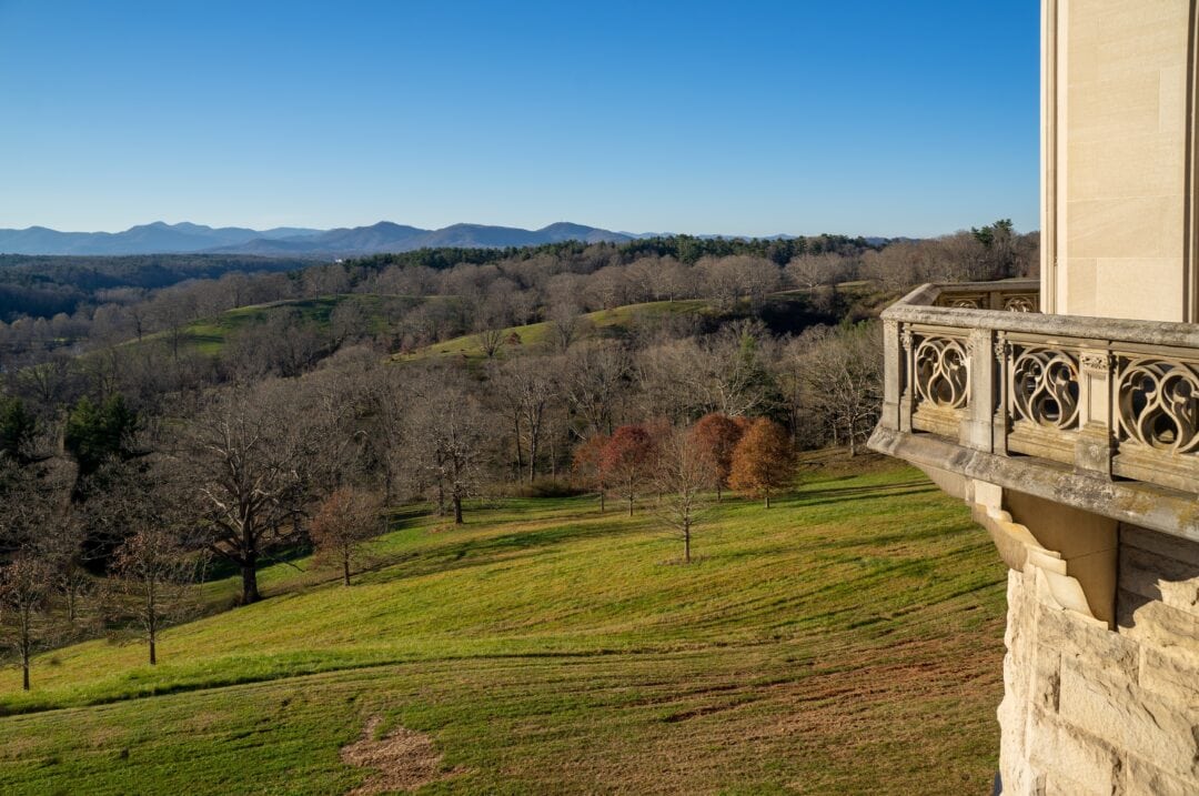 a view from biltmore estate with a corner of the stone mansion in the shot of a scenic sweep of trees