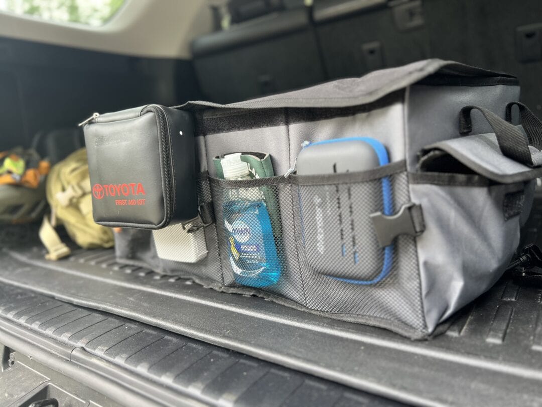 Trunk organizer with camping gear inside