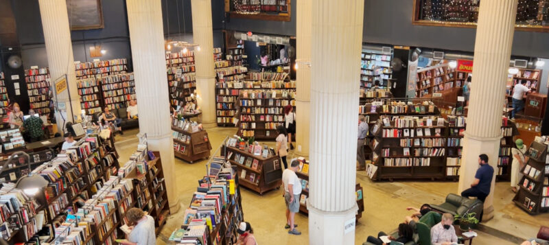 A sweeping view of an expansive bookstore filled with shelves