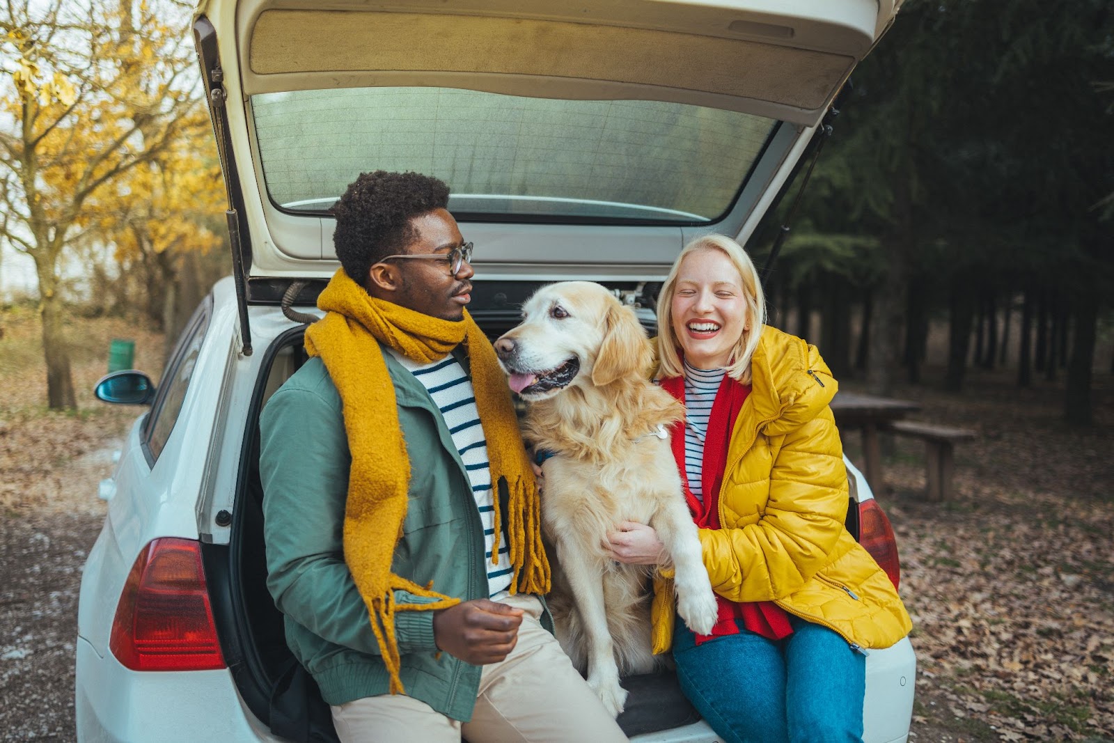 Roadtripping couple with dog