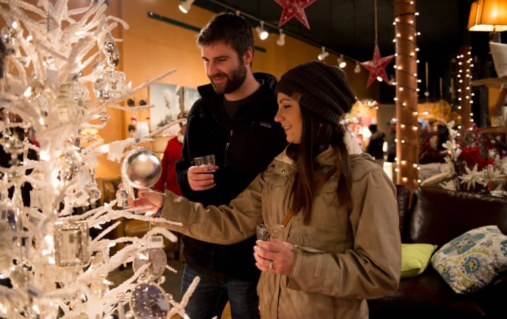 Couple at indoor holiday market in Philipsburg, MT
