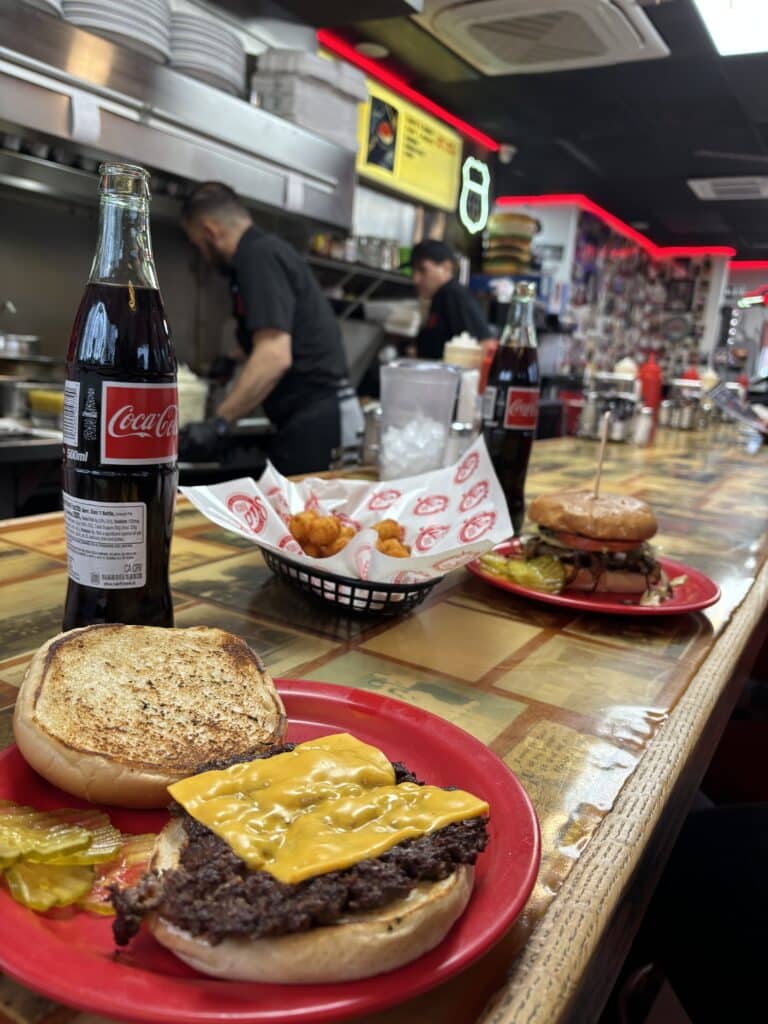 Burgers on a counter at Sid's Diner